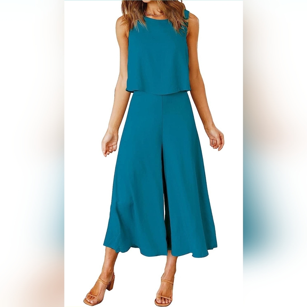 New with Tags! Size Large. Teal Summer Outfit. Cropped Top, Wide Leg Pants